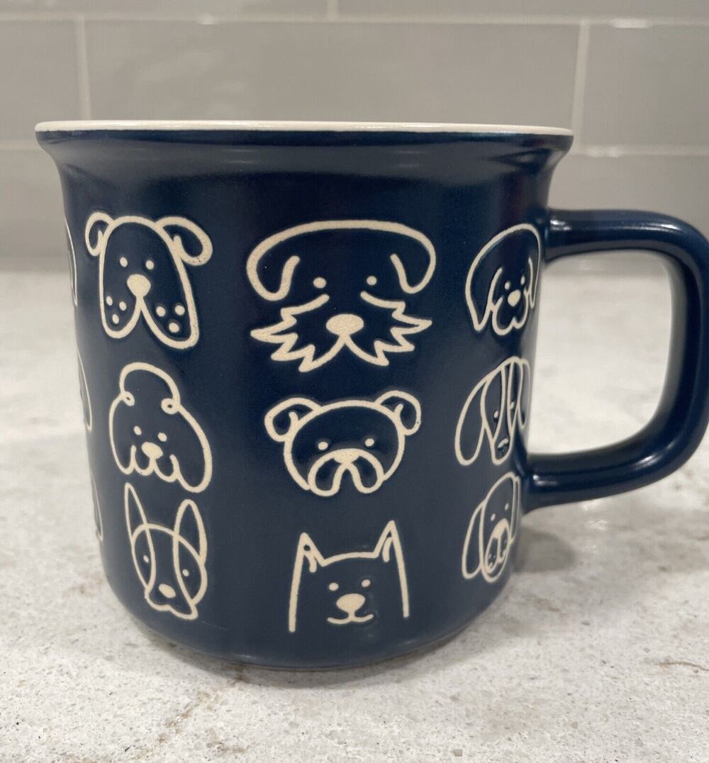 DOG FACES Blue 18oz Mug Boston Warehouse Blue & Cream DOGS Ceramic Coffee Cup